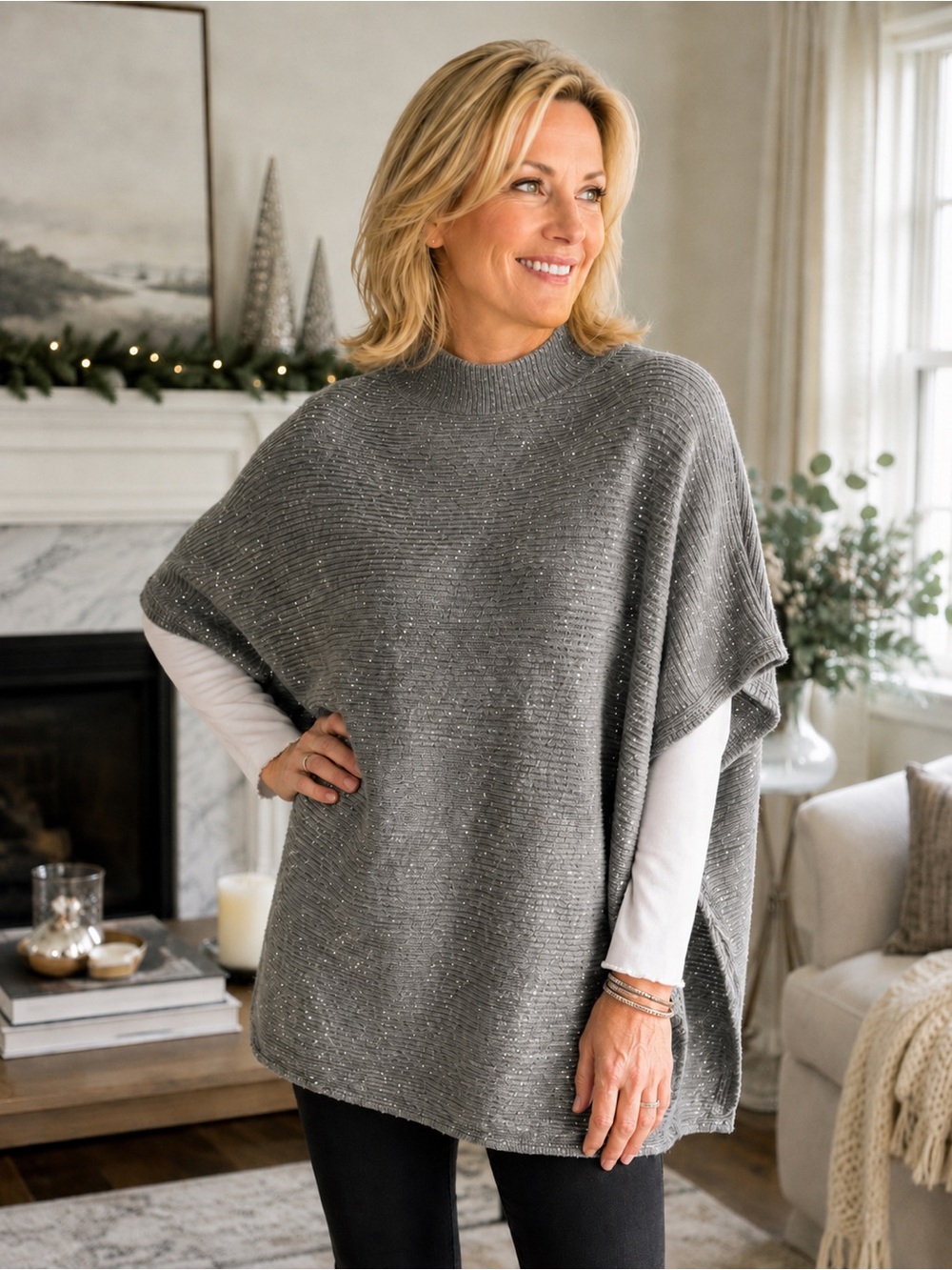 J.Jill Gray Sequin Knit Poncho Sweater Size S-L Cotton Blend